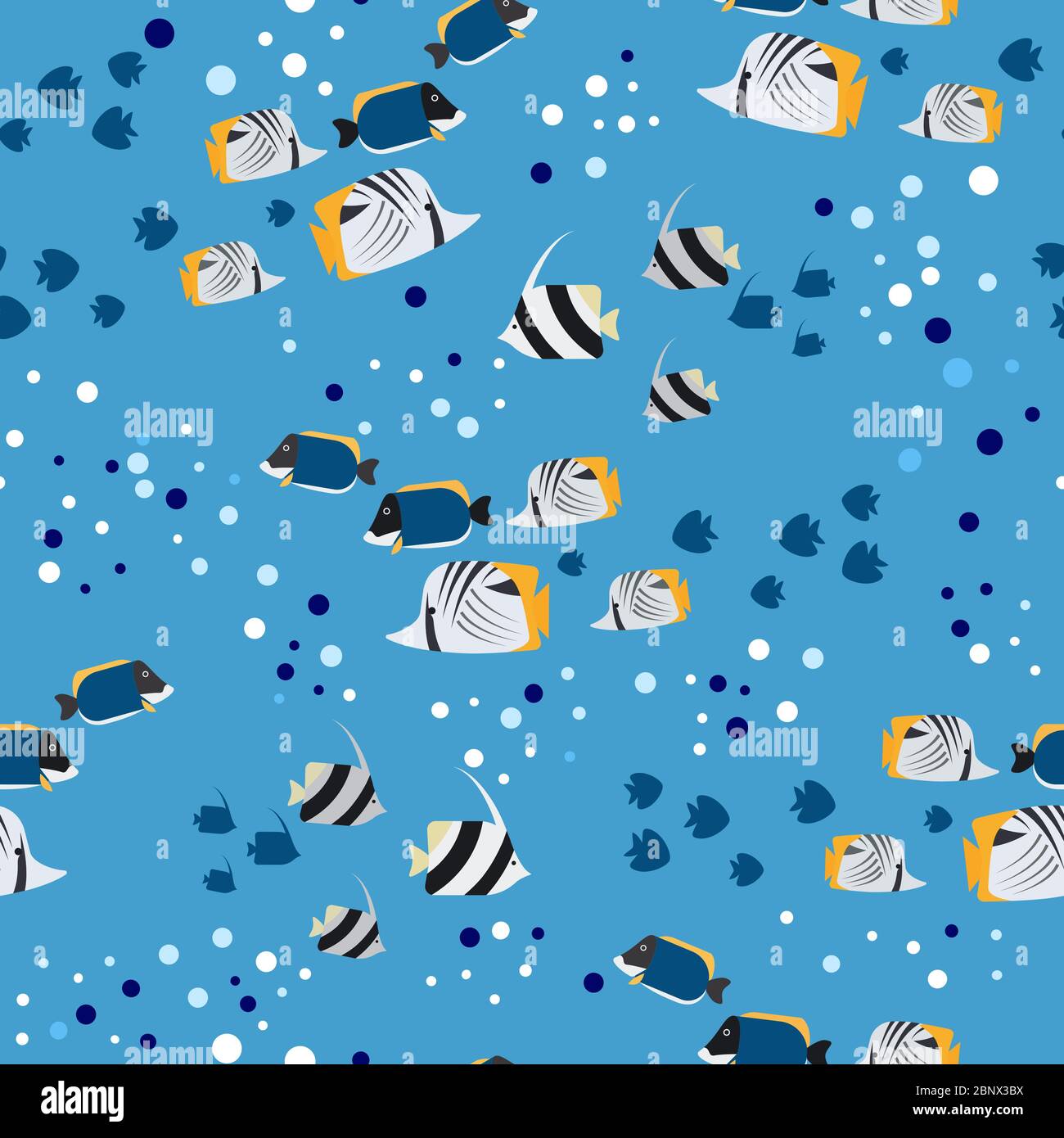 Fish and bubbles seamless pattern on blue. Vector illustration Stock Vector