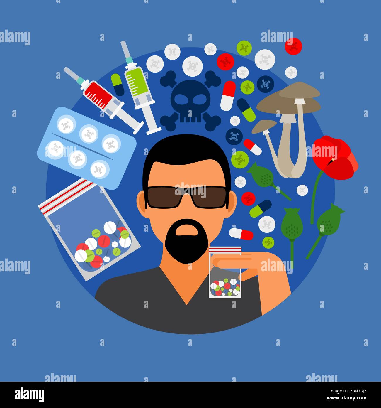 Drugs poster, man with pills on blue background. Vector illustration Stock Vector