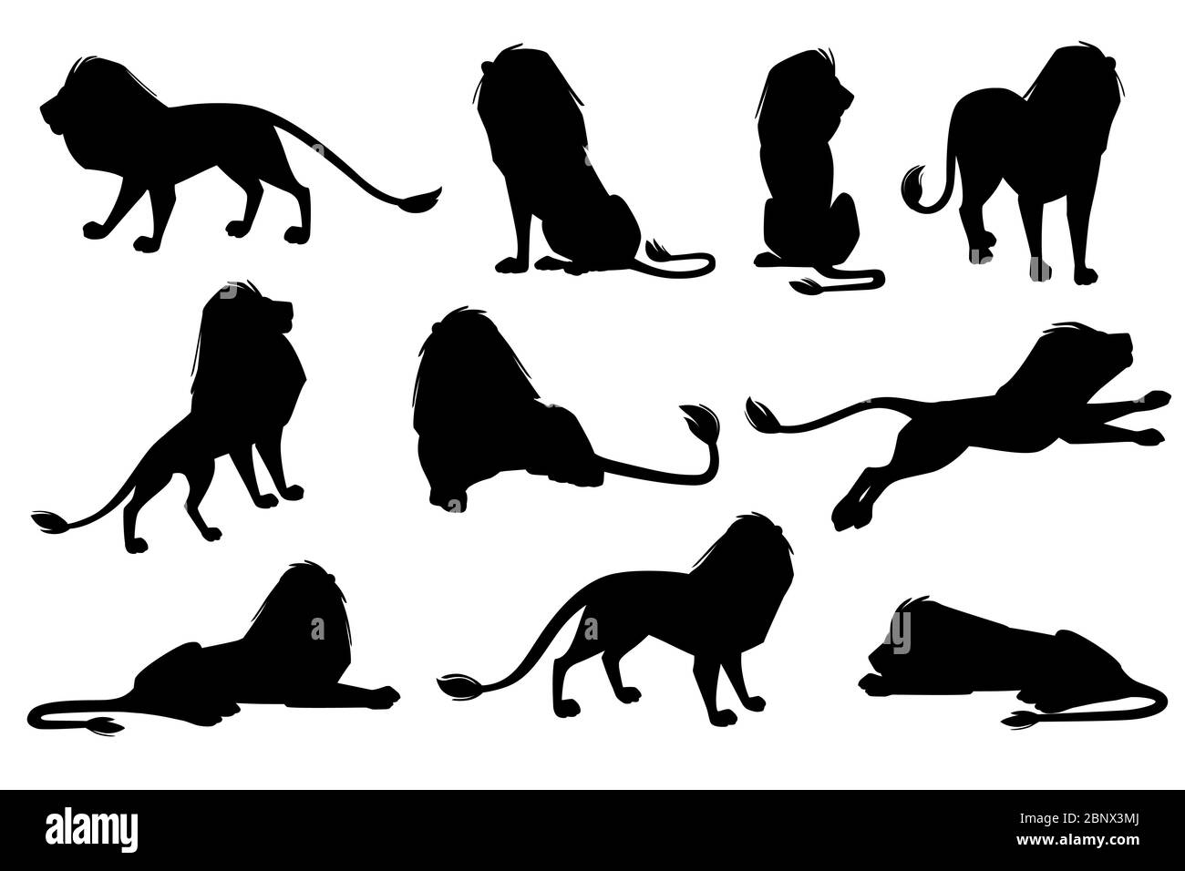 Set of black silhouette male proud powerful cute lion character cartoon ...