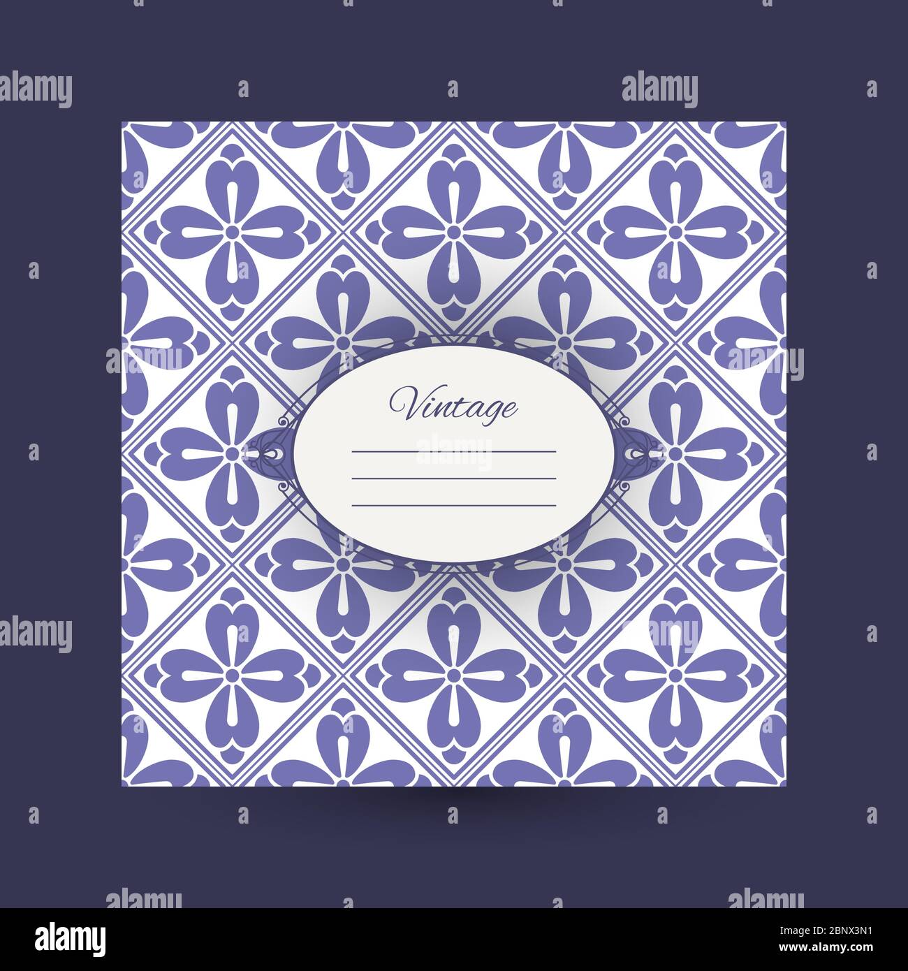Square vintage greeting card design with violet pattern and decorative frame. Vector illustration Stock Vector