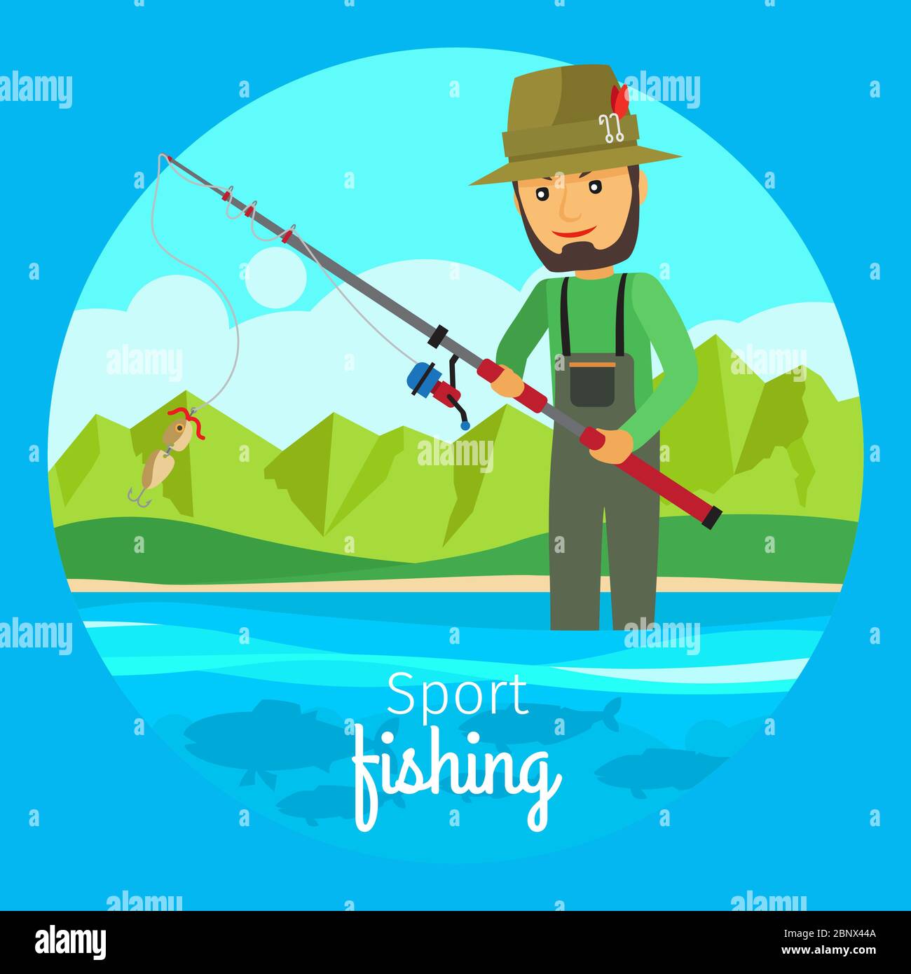 Sport fishing vector concept. Fisherman in boat with fishing gear