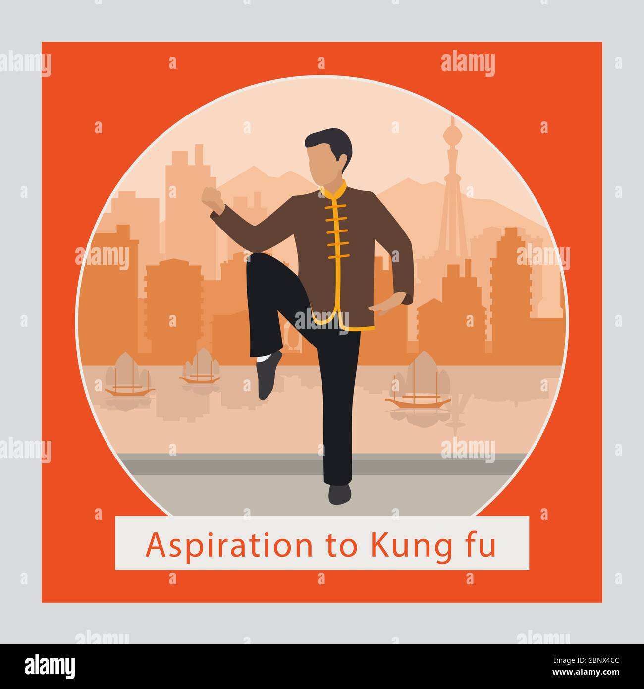 Aspiration to kung fu man and logo, vector illustration Stock Vector