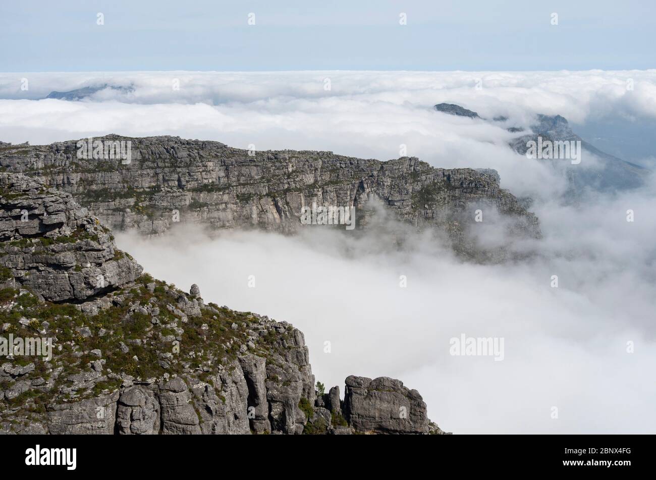 Twelve Apostles in mist on the summit of Table Mountain, Cape Town Stock Photo