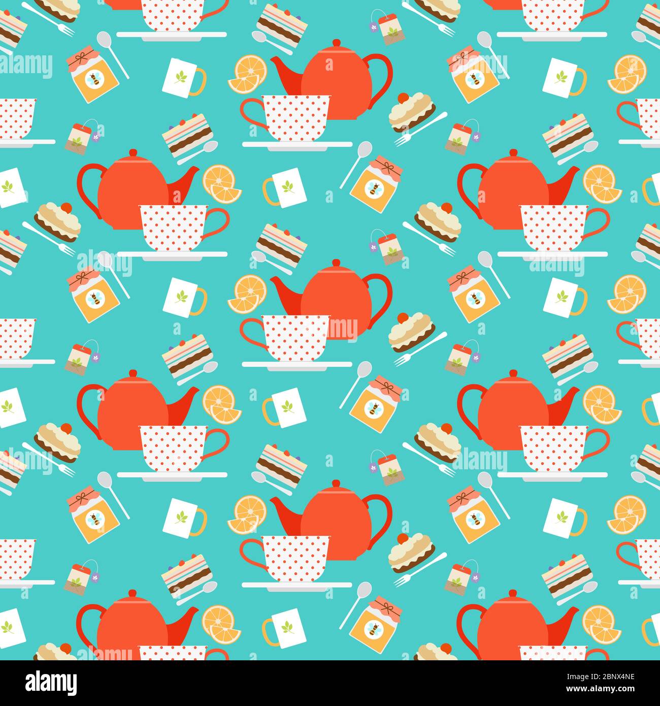 Vector illustration tea time seamless pattern with tea pot and cups and sweets Stock Vector