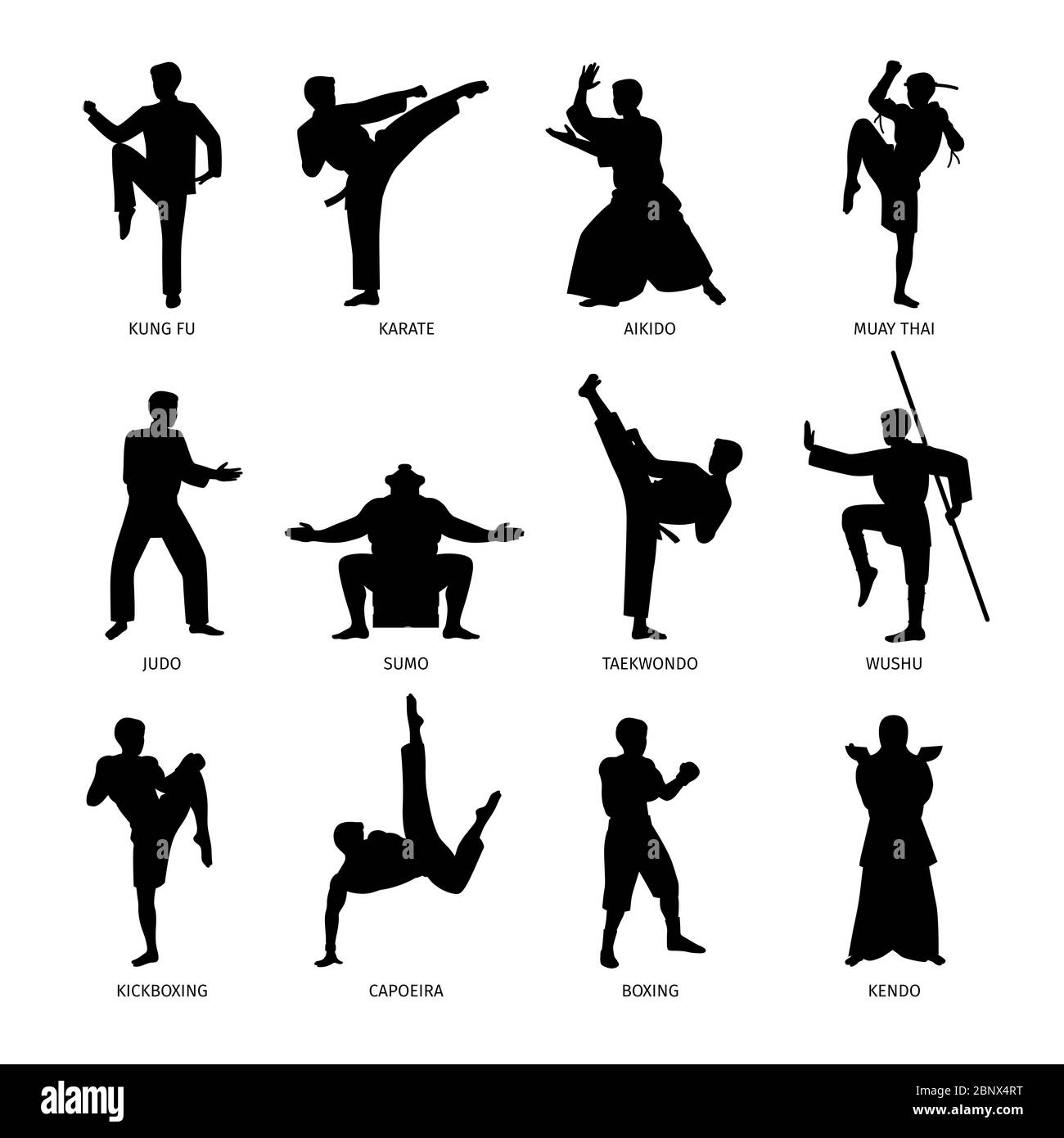 Asian martial arts, isolated vector black silhouettes. Karate and kung fu, sumo and boxing Stock Vector
