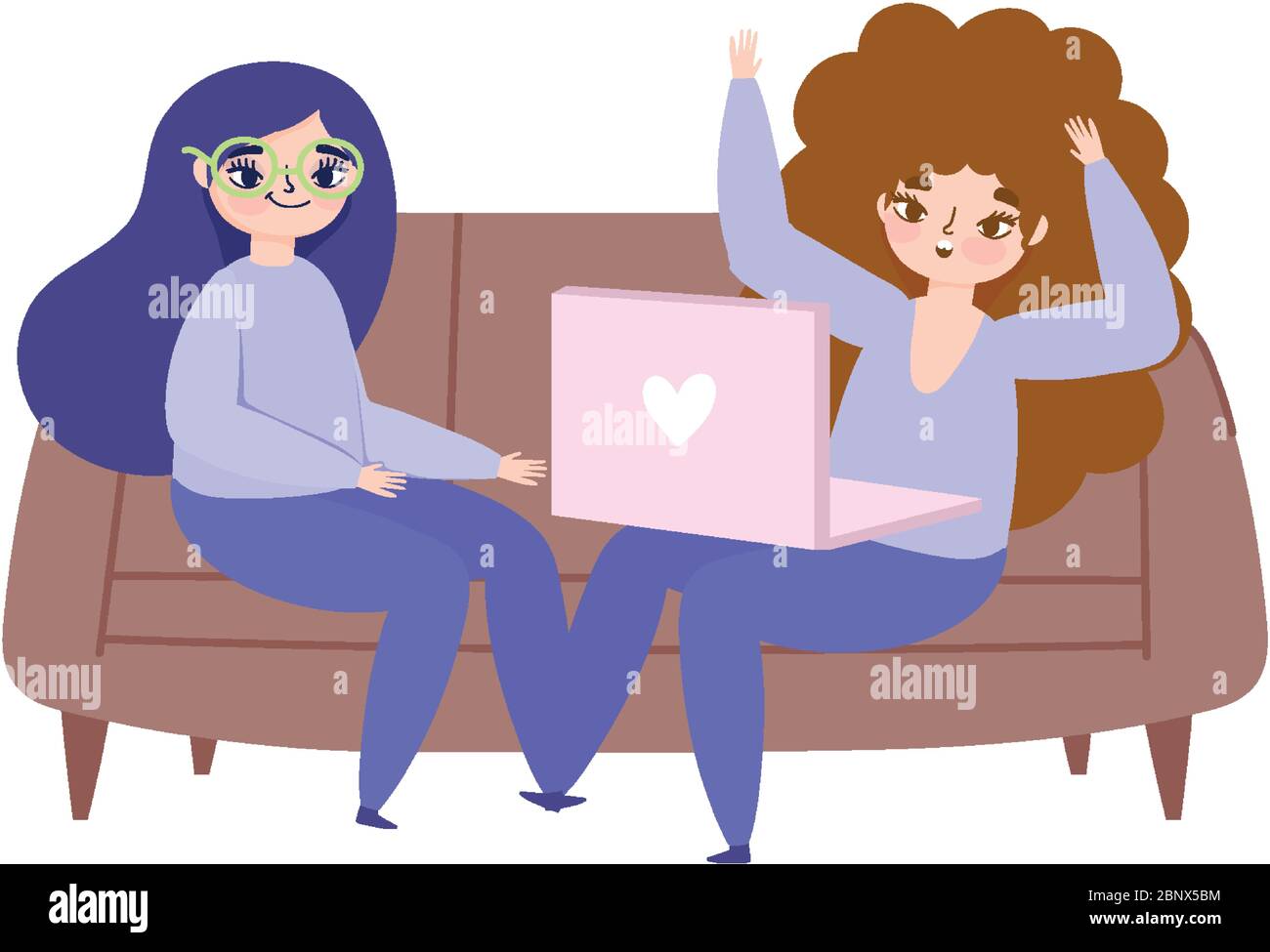 working remotely, young women characters with laptop on sofa vector ...