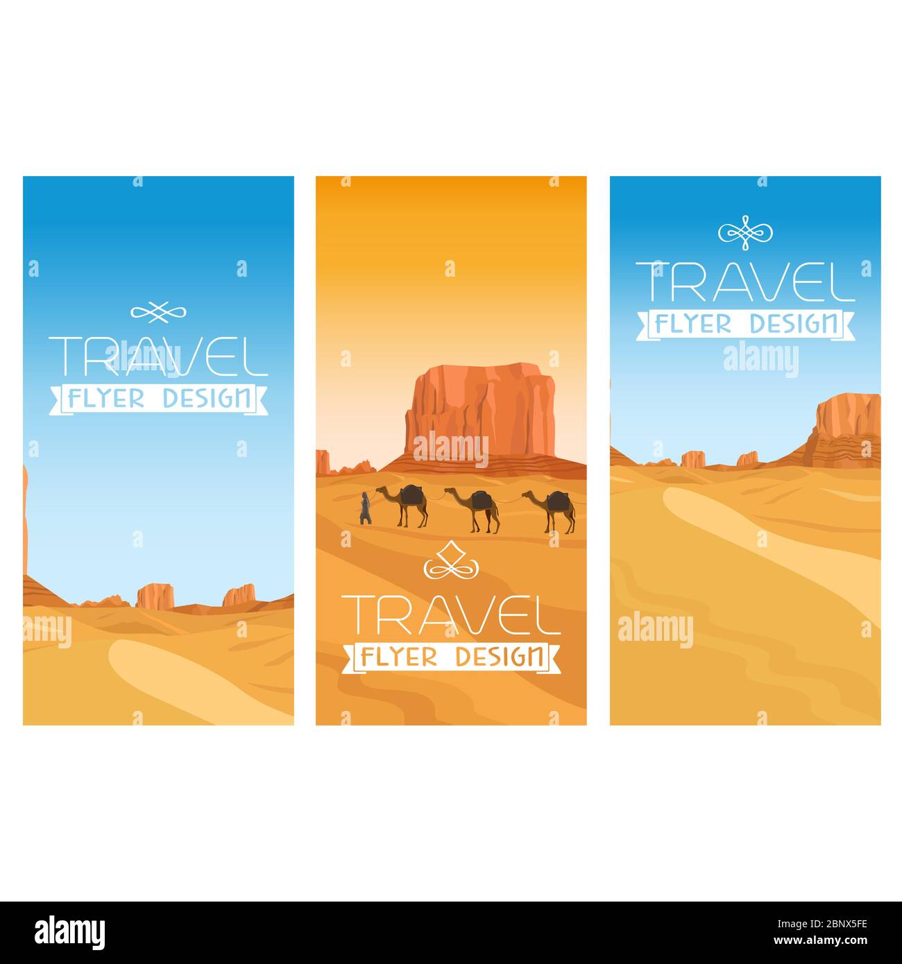 Mountains desert vector landscape flyers set. Egypt and camels Stock Vector