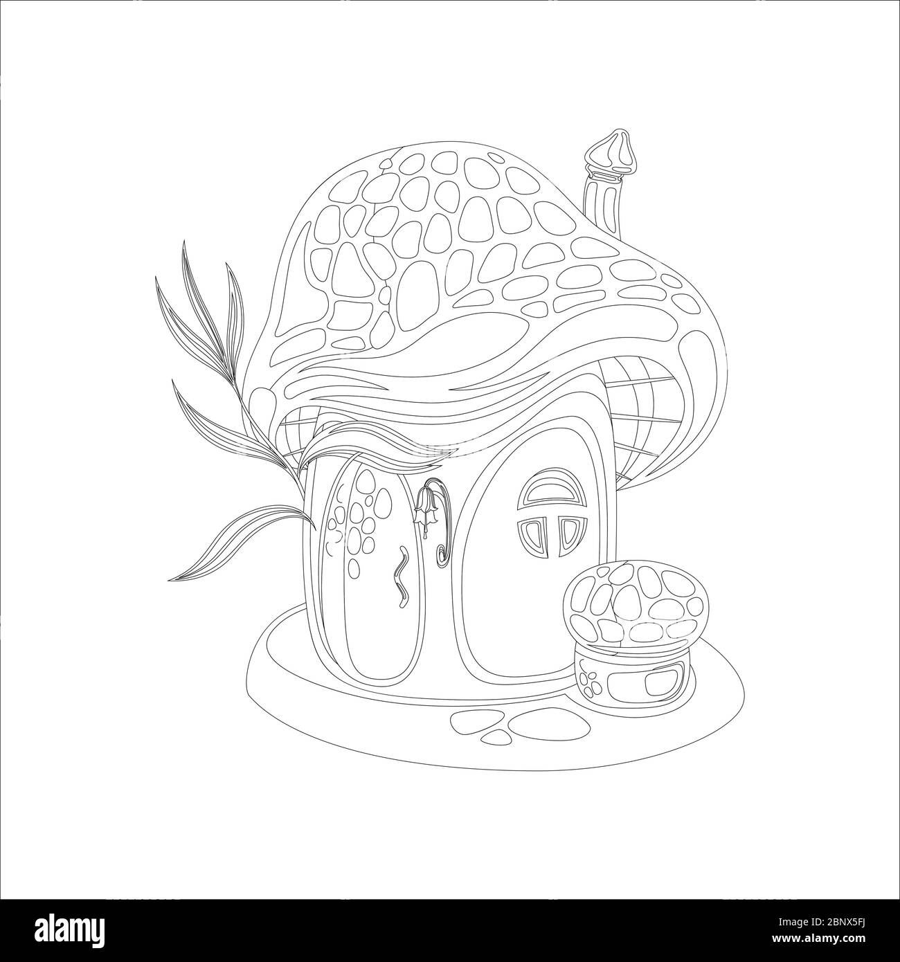 Coloring page with mushroom fairy tale house. Vector illustration Stock Vector