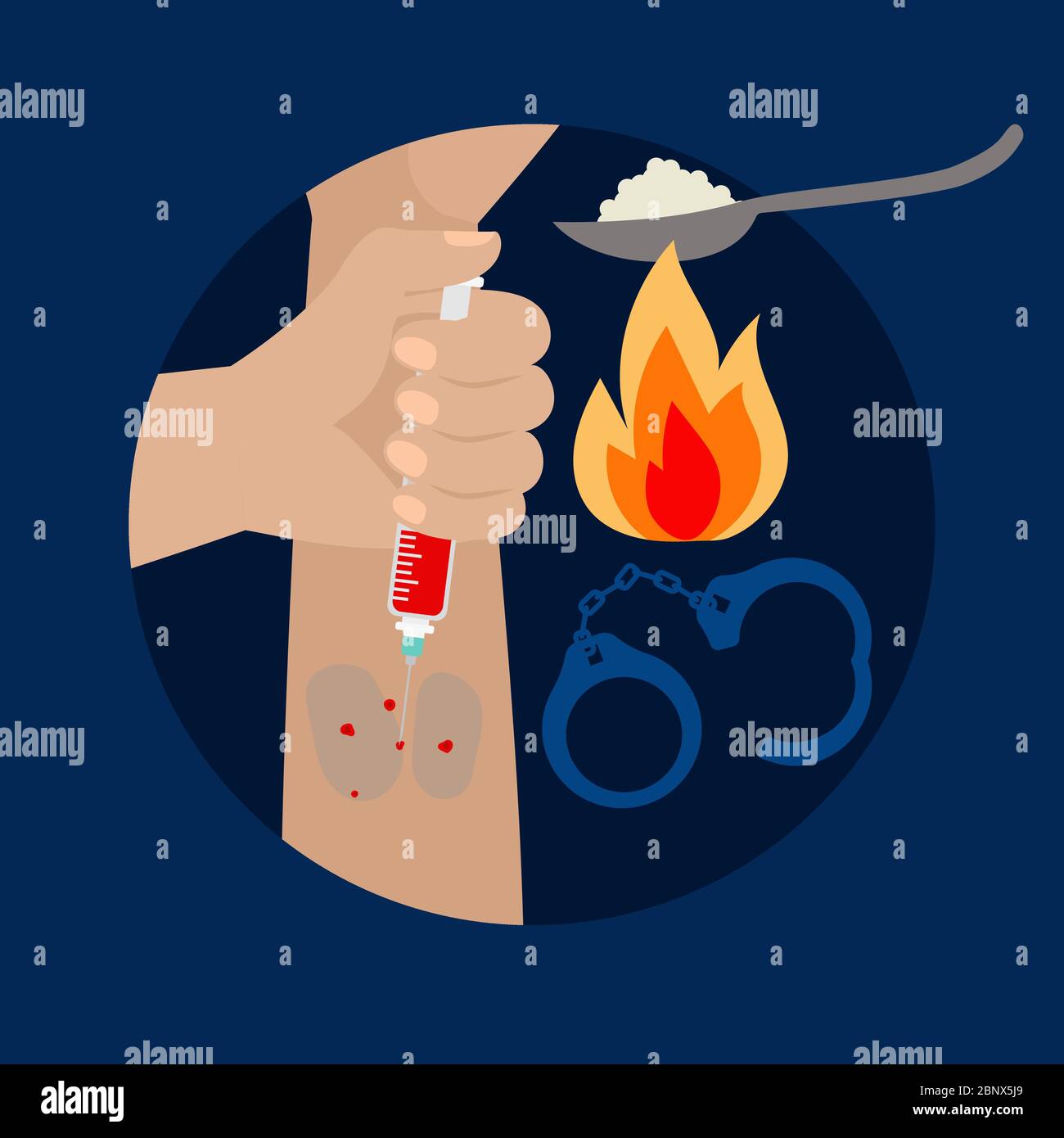 Drugs poster with human hand and injection, vector illustration Stock Vector