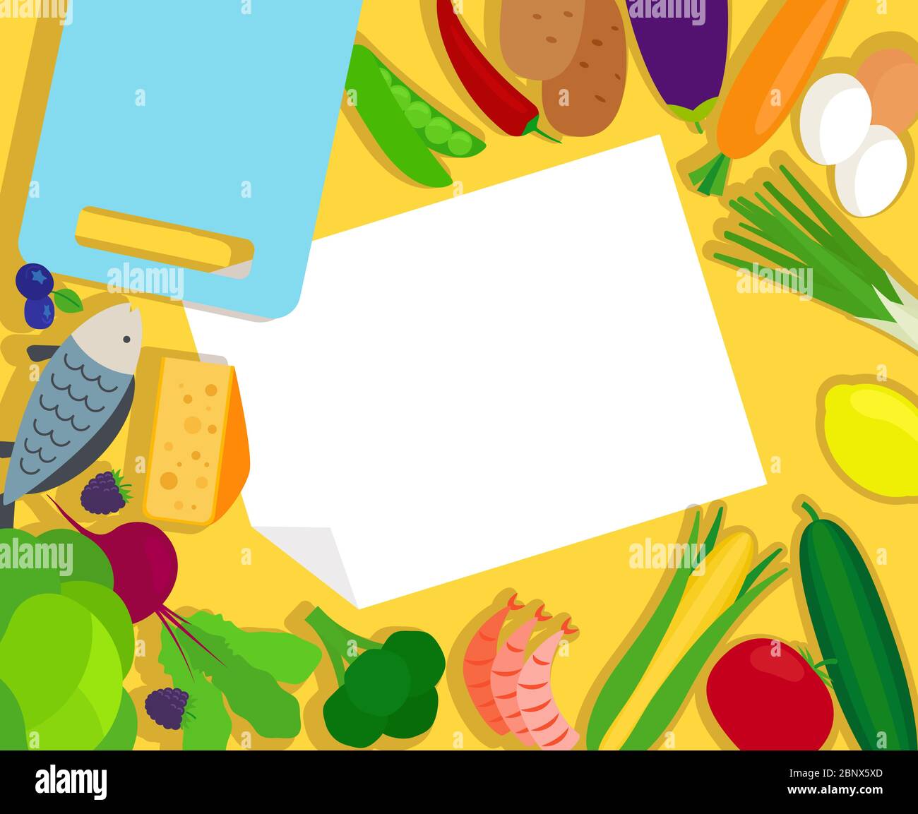 Healthy food and paper vector blank template on the yellow background ...