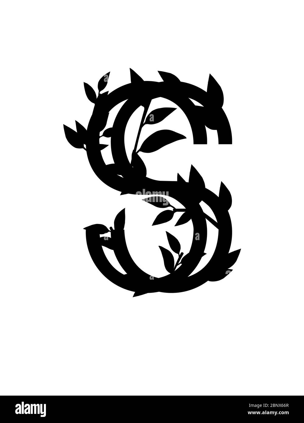Black silhouette letter S with covered leaves eco font flat vector