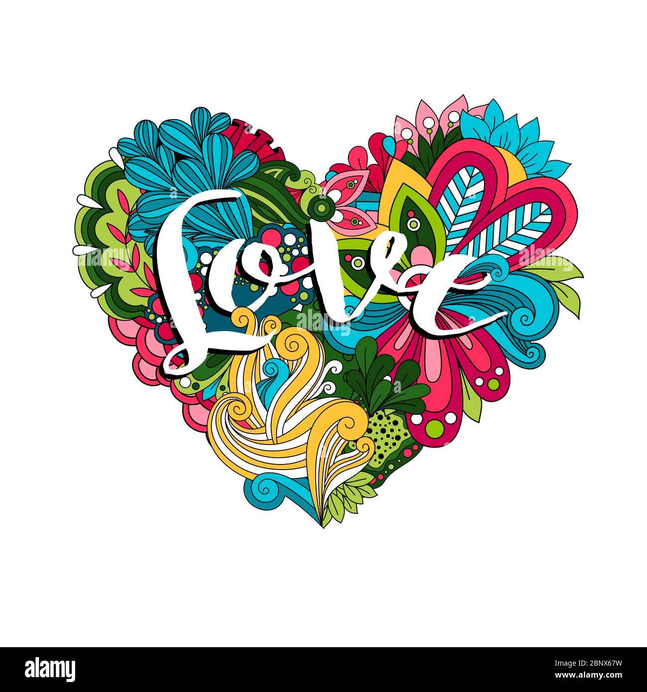 Love hand drawn lettering in heart shape with flowers. Vector ...