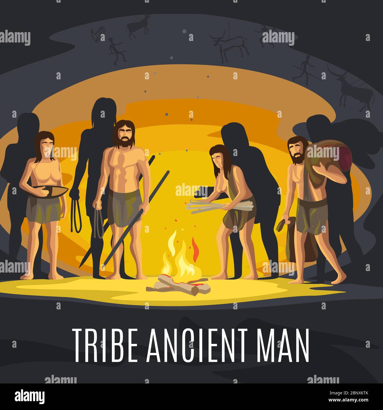 Ancient prehistoric stone age concept. Tribe ancient man making fire in