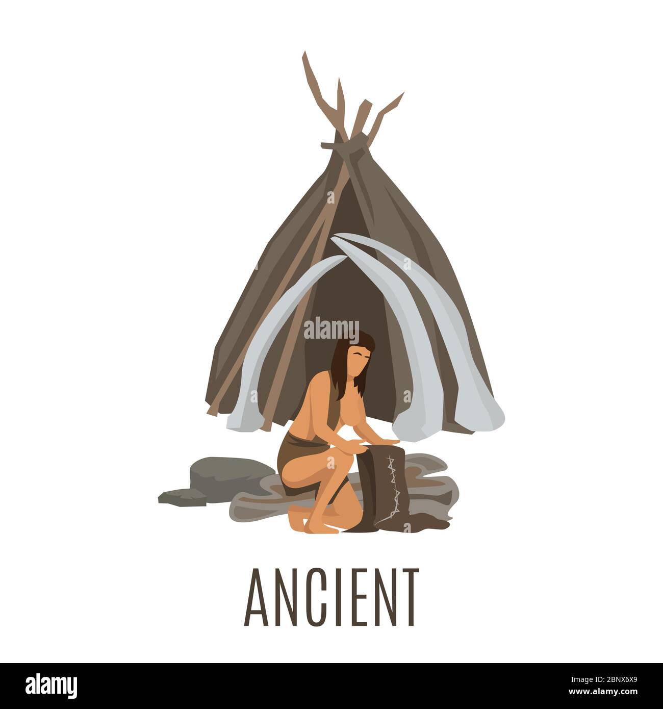 Ancient prehistoric woman working near cave, isolated vector Stock Vector