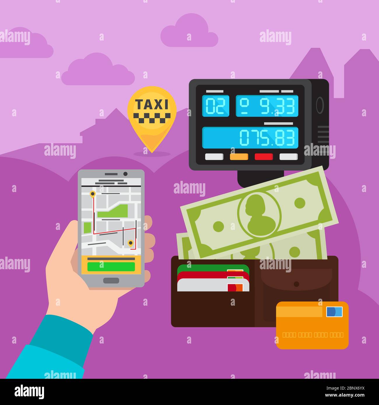 Smartphone touchscreen online taxi car call technology vector concept illustration Stock Vector
