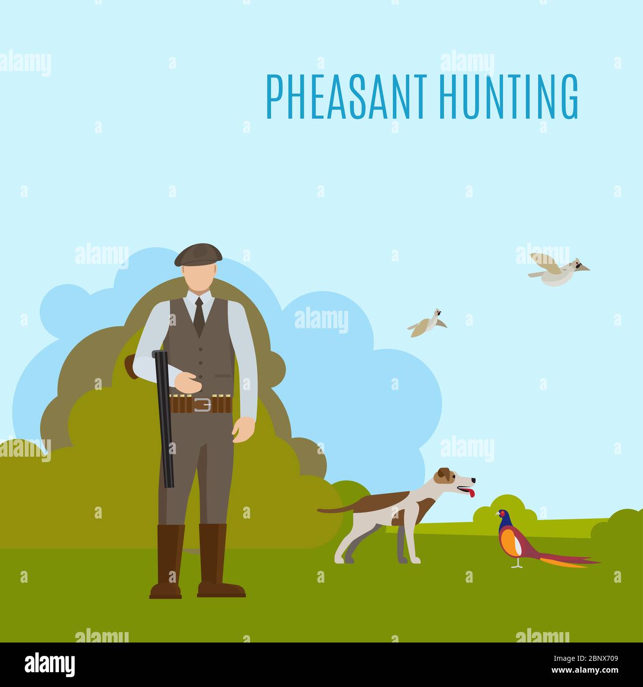 Hunting vector illustration with hunter his dog and prey. Pheasant hunting Stock Vector