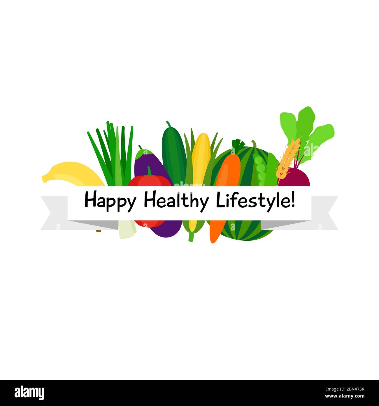 Vegetarian logo design for website with vegetables and flat style ribbon. Vector illustration Stock Vector