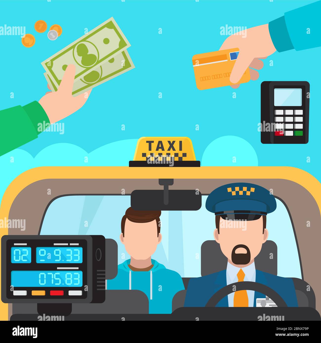 Inside taxi passenger and driver. Payment Methods vector illustration Stock Vector