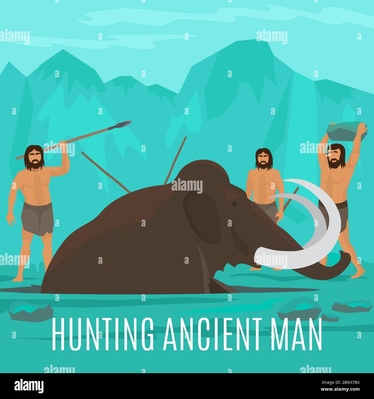 Ancient prehistoric stone age concept. Mammoth hunting vector illustration Stock Vector