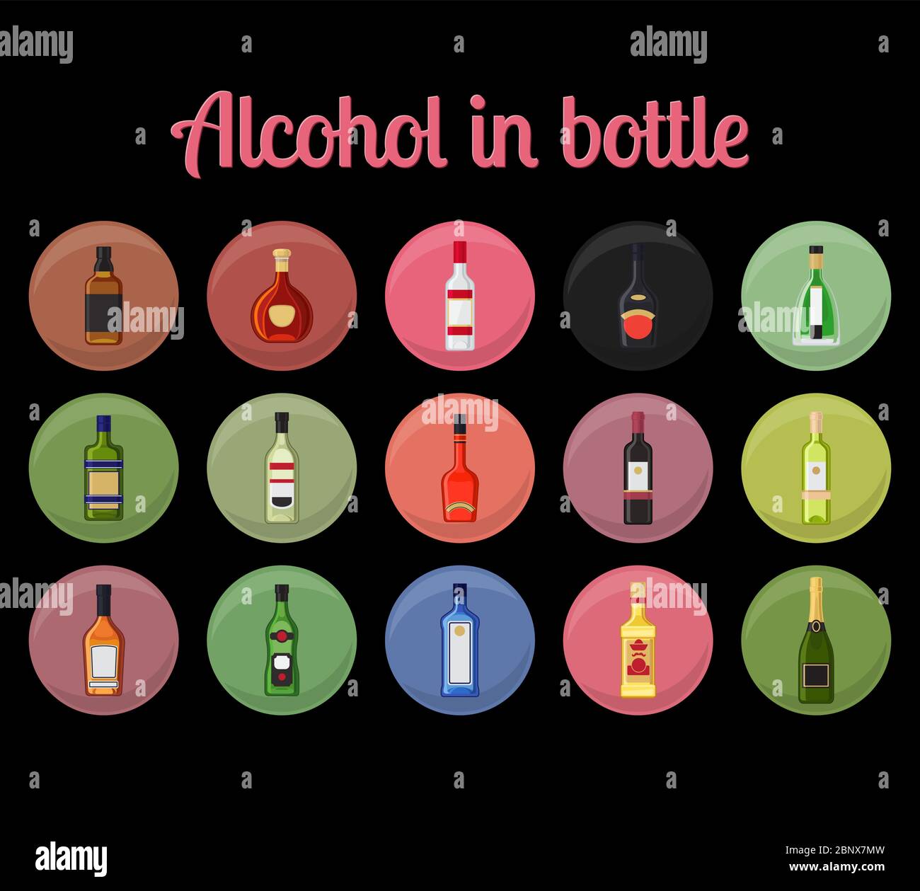 Alcohol in a bottle circle icons. Drinks bottles vector illustration
