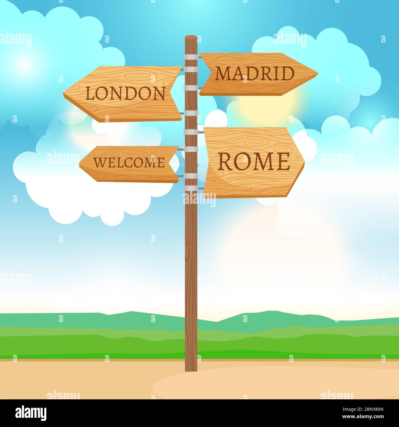 Wooden way direction sign, sunny day landscape vector illustration Stock Vector