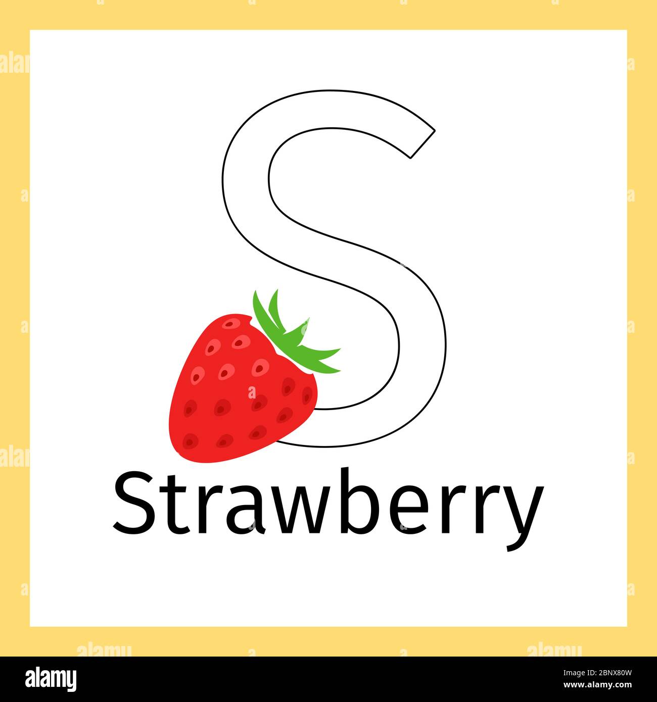 Kids education card with strawberry and outline letter S for coloring, vector illustration Stock Vector