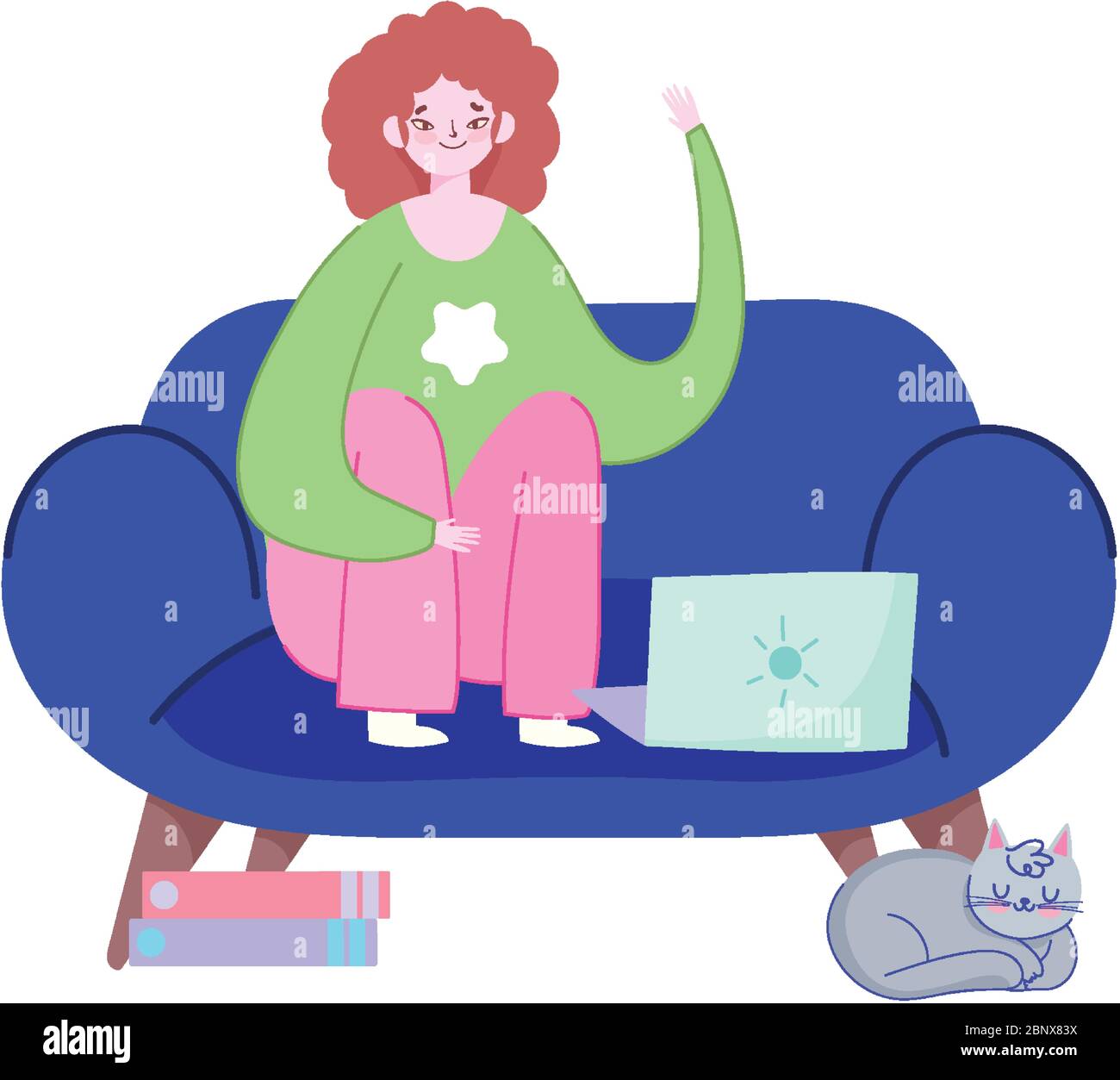 working remotely, young woman with laptop on sofa books and cat vector ...