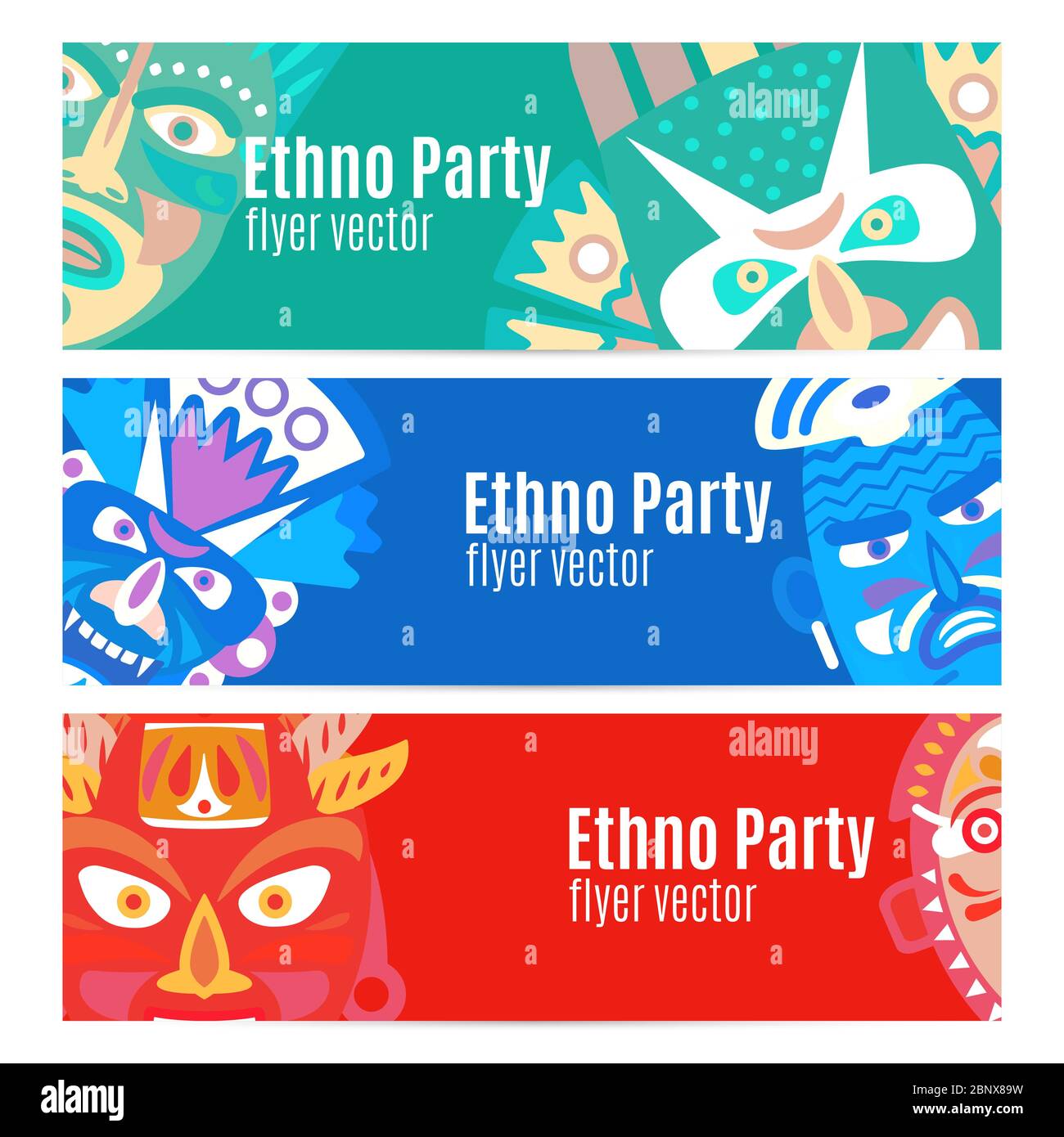 Ethno party flyers banners with masks, vector set Stock Vector