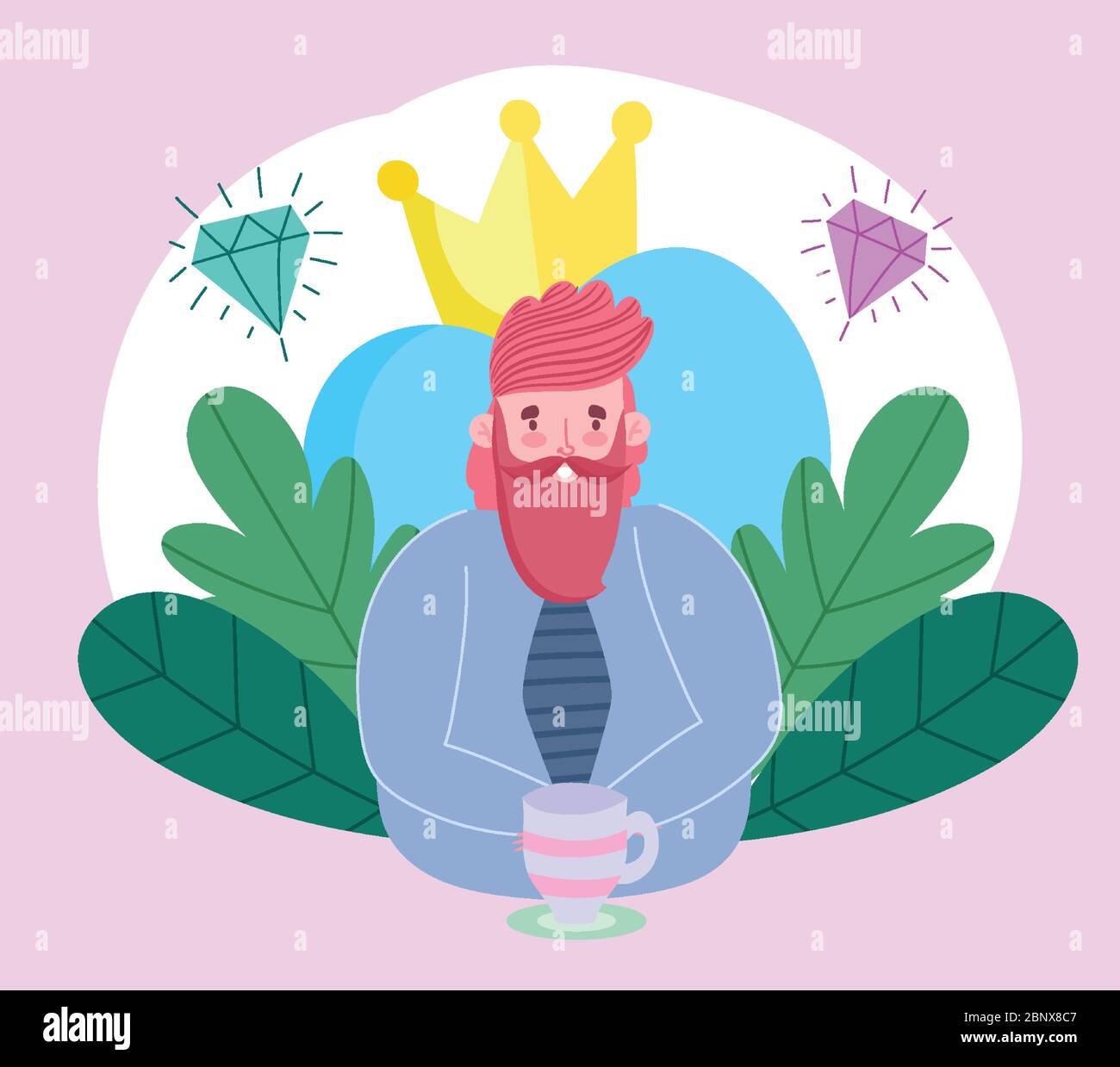 happy fathers day, dad with coffee cup crown heart decoration vector ...