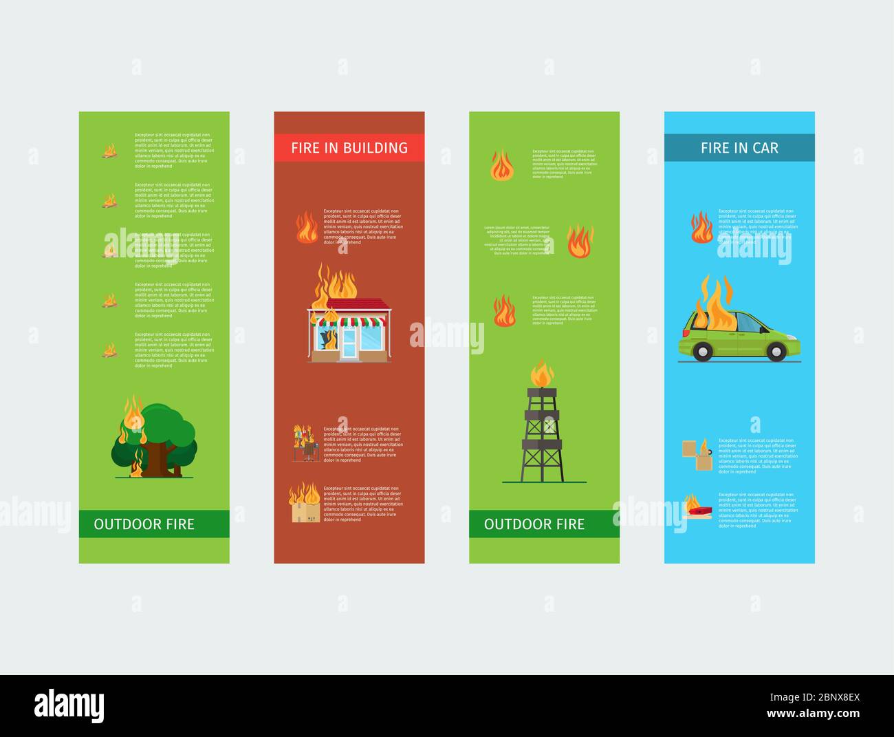 Fire risk vertical flyers. Fire in home and building,outdoor and in the ...