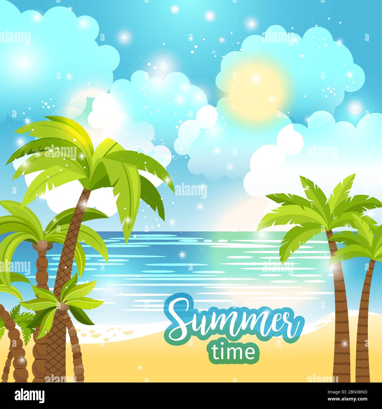 Summer time sea view vector background with palm trees Stock Vector