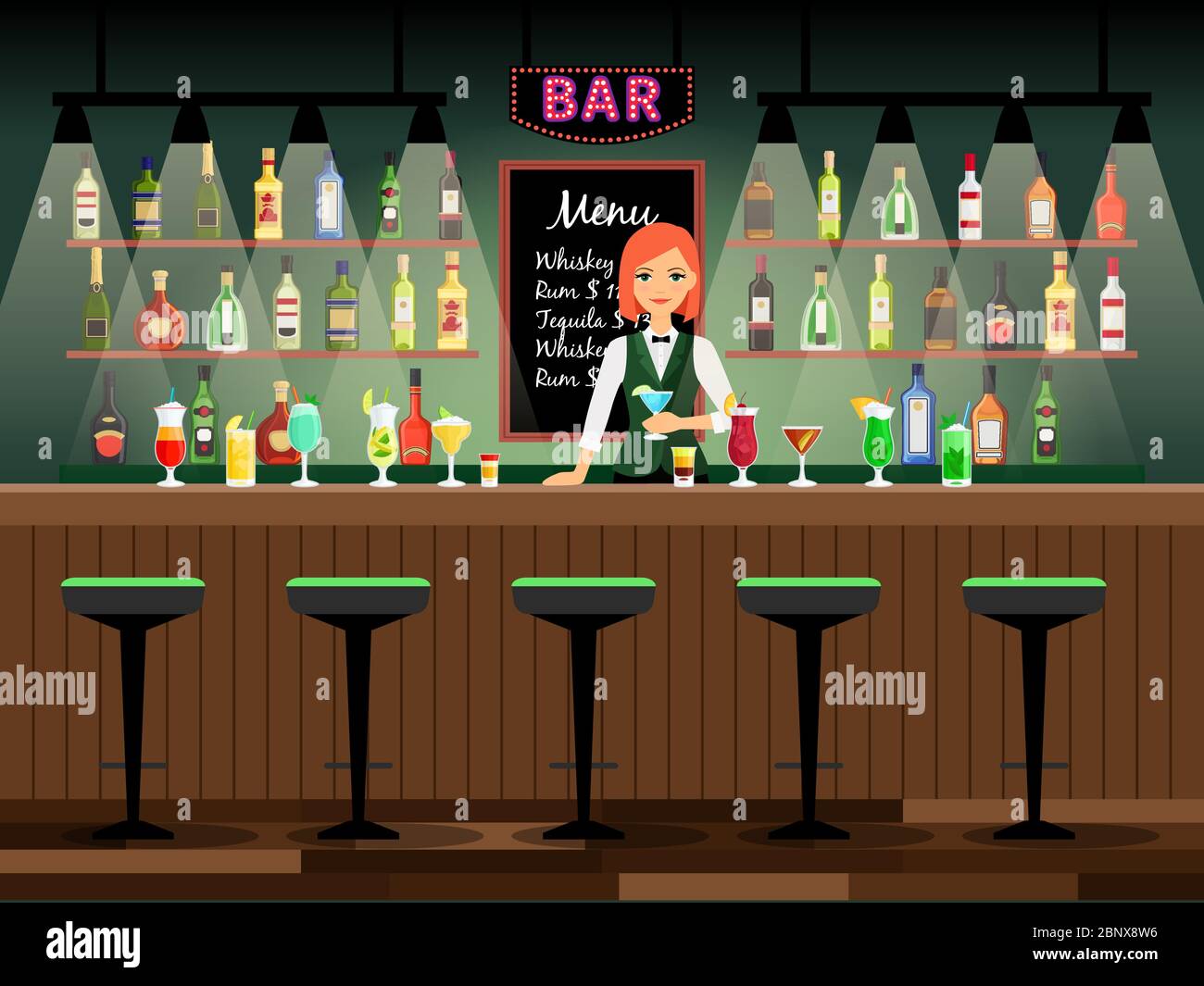 Bar counter with bartender lady and wine bottles on the shelves behind her. Vector illustration Stock Vector