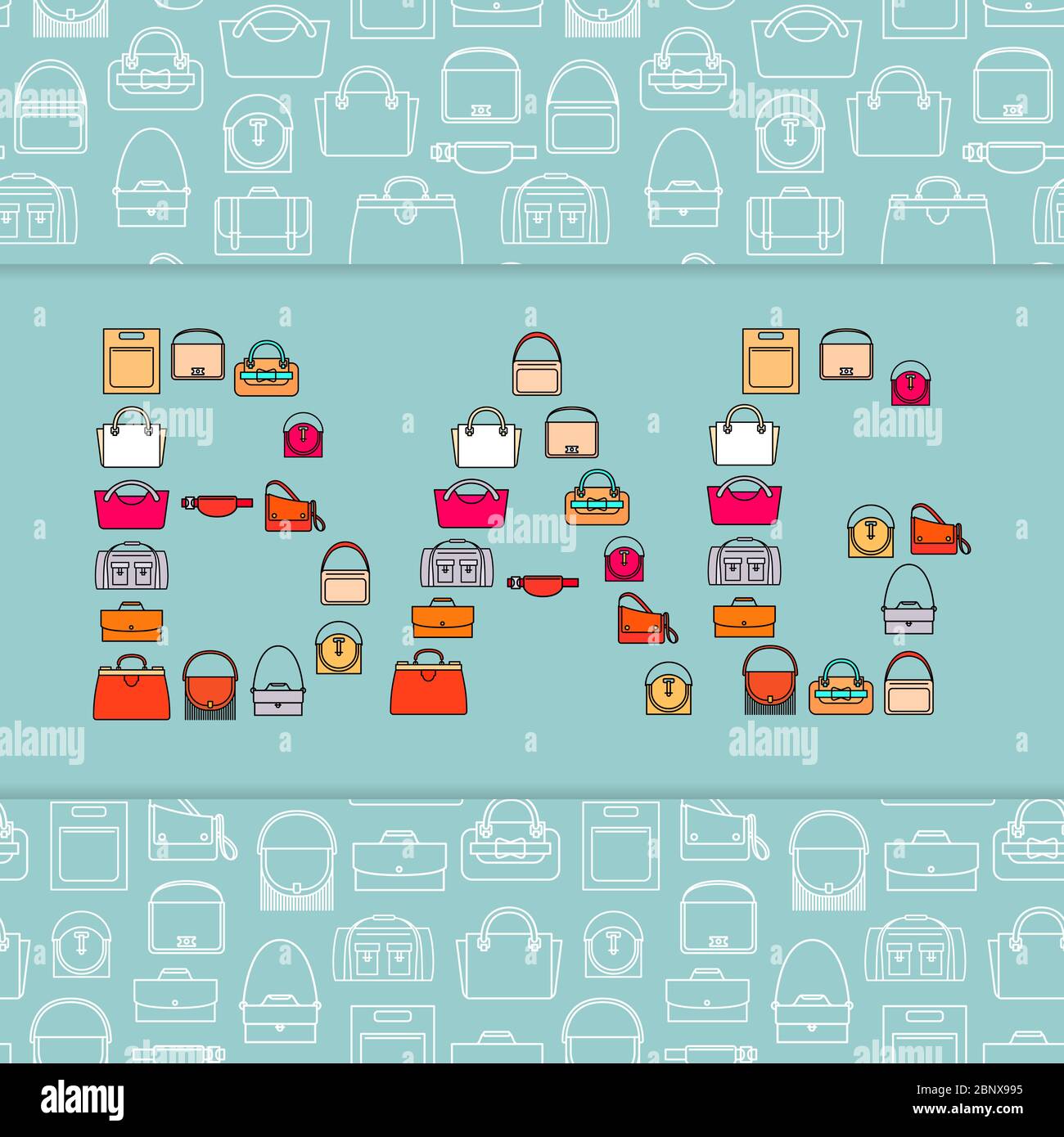 Word Bag with bag icons, vector lettering design concept and patterned background Stock Vector