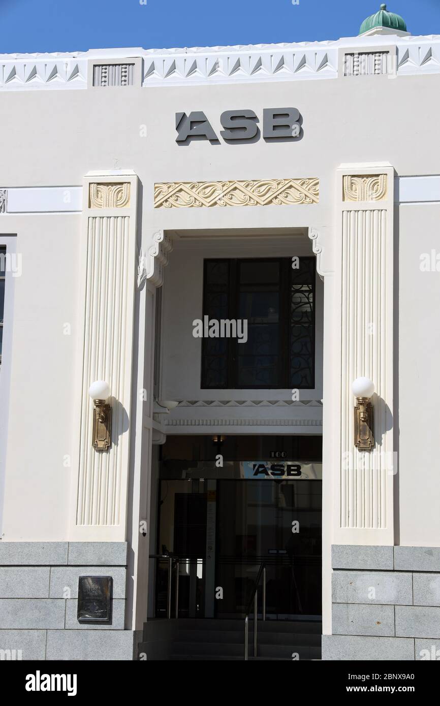 Art Deco 1930s architecture. Facade of the ASB Bank built after the 1931 earthquake in Napier, Hawke's Bay, North Island, New Zealand. No people Stock Photo