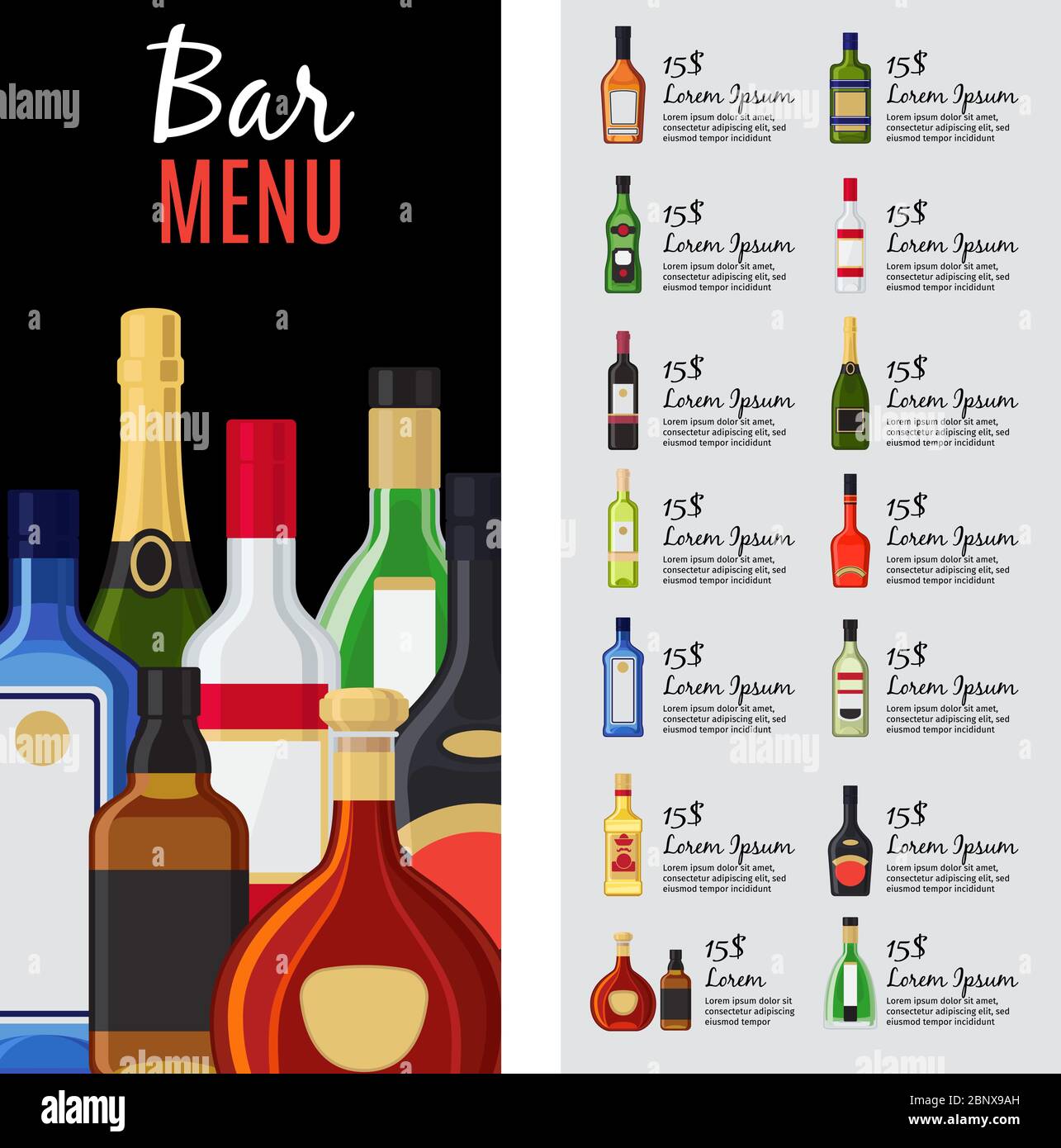 Alcohol Drinks Menu Template For Bar And Restaurant With Bottles 