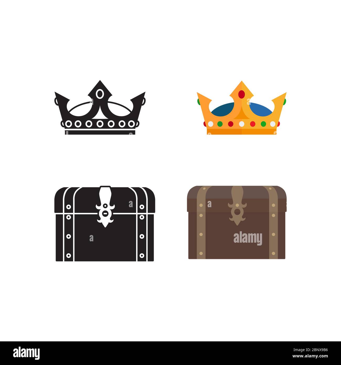 Medieval icons of chest, crown and silhouettes isolated on white background. Vector illustration Stock Vector