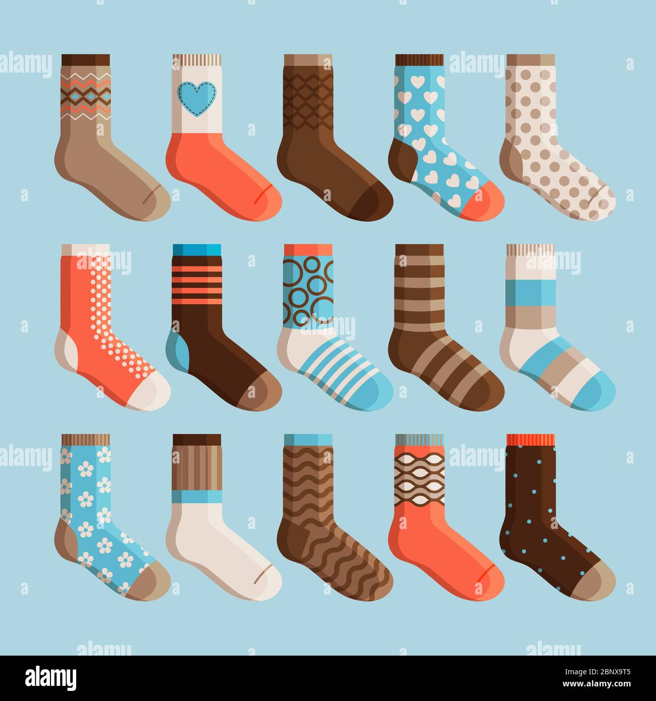 Colorful cartoon cute stylized socks. Kids wear, socks set vector