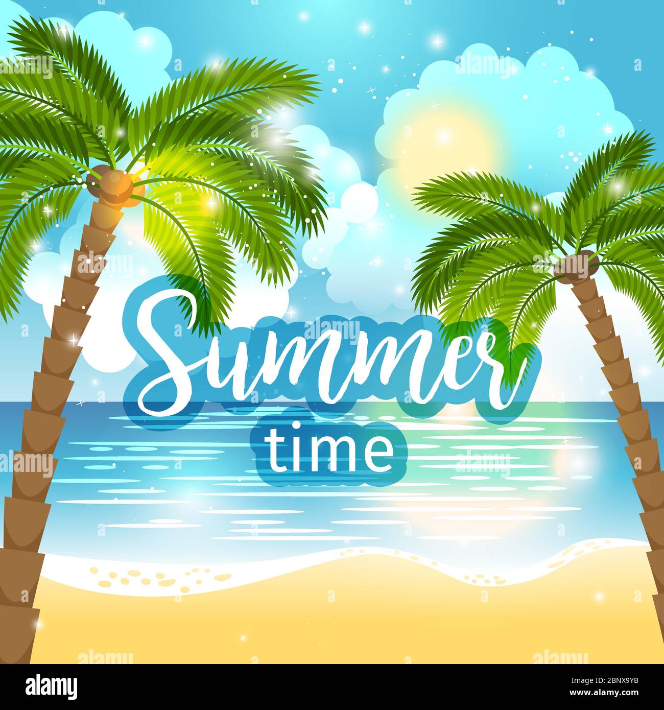 Summer time sea view background. Ocean and palm trees seaside blue design. Vector illustration Stock Vector