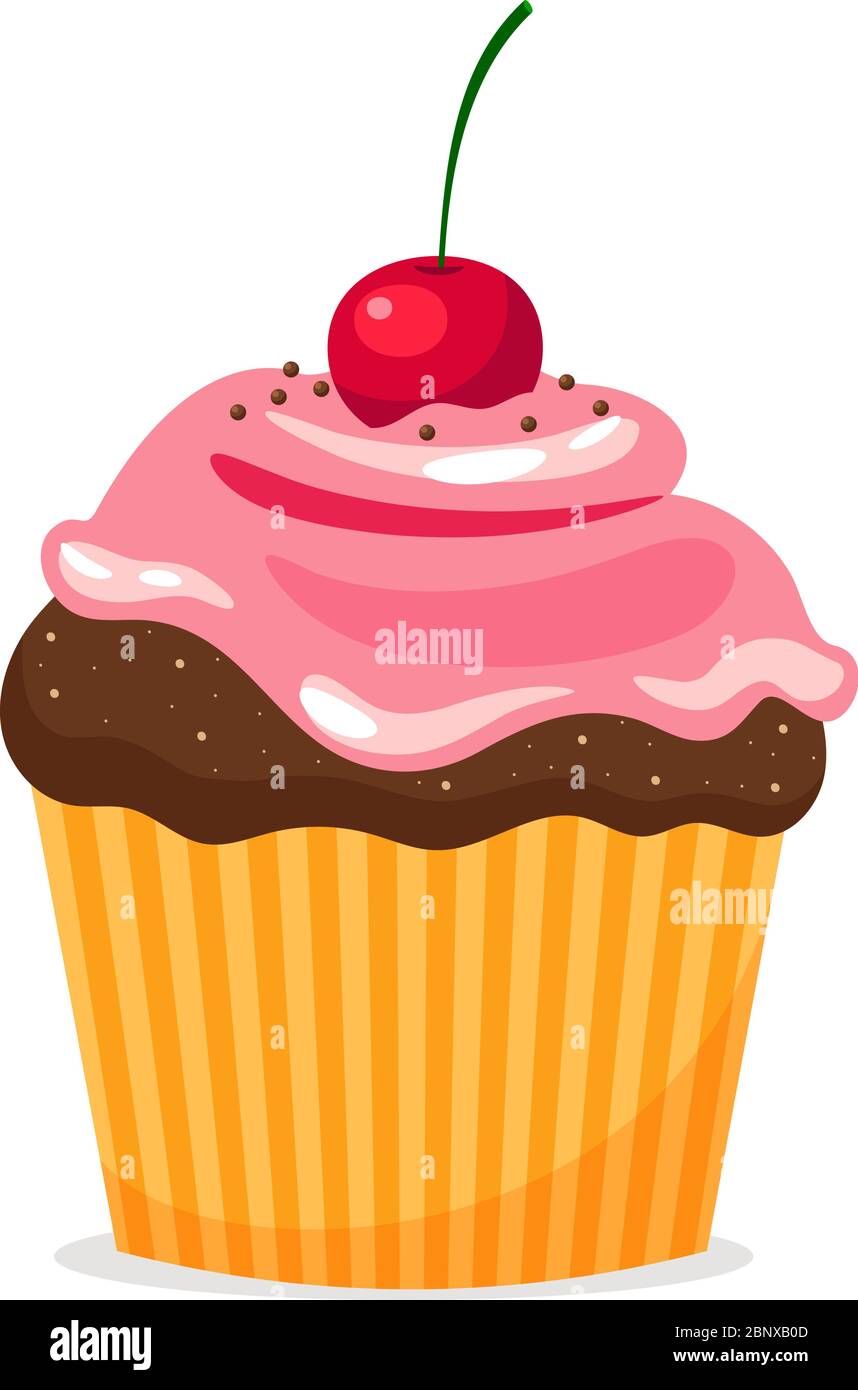 Chocolate cupcake with pink cream and cherry on white background ...