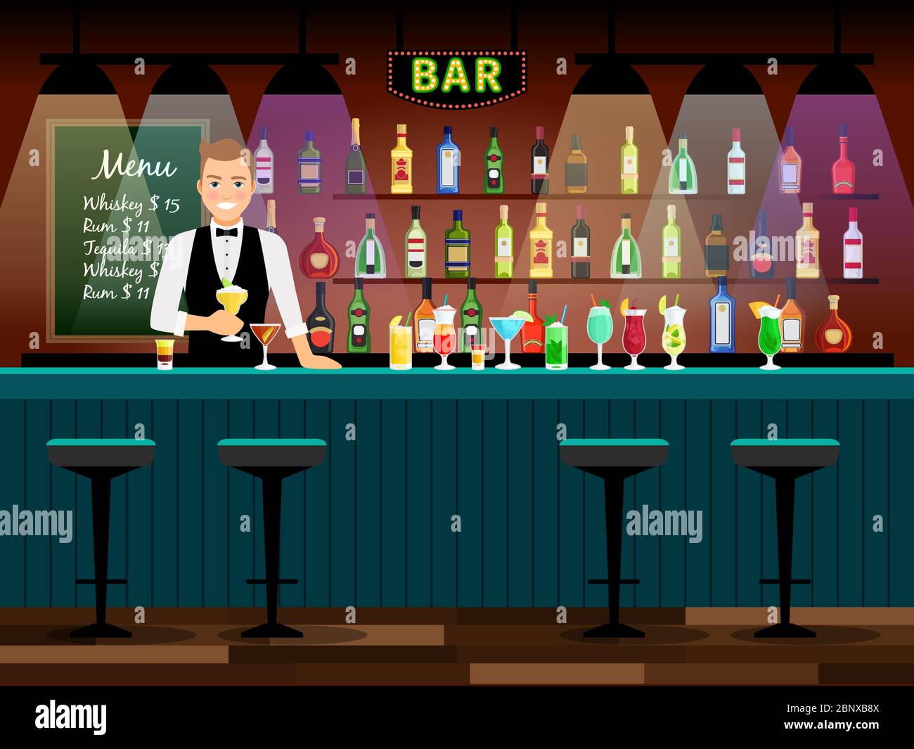 Bar counter with bartender and wine bottles on the shelves. Vector ...