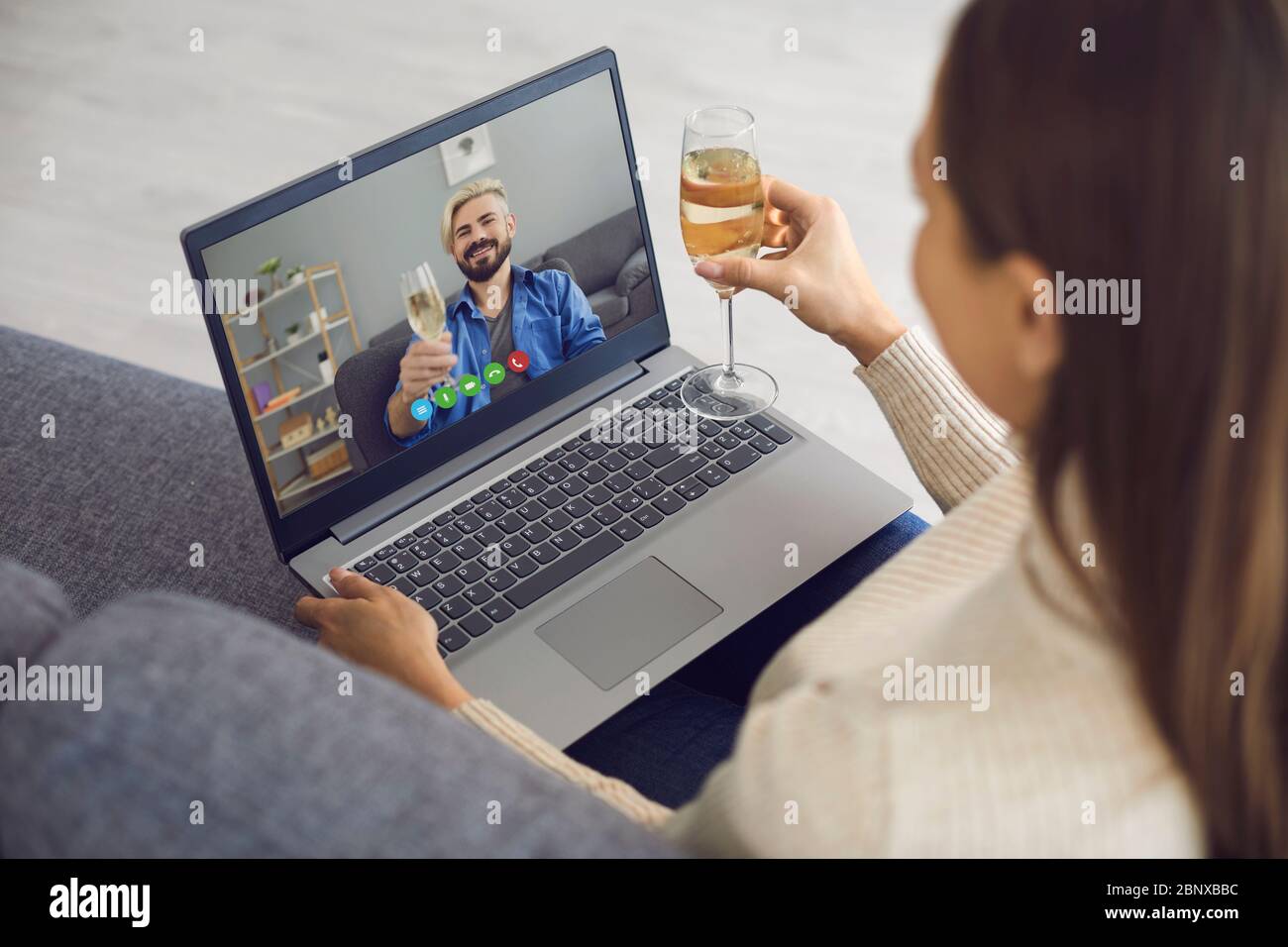 Online Dating Date Online Man And Woman With Glasses Of Wine On A Date Using Laptop Video Chat Sitting At Home Dating Site For Men And Women Couple Stock Photo Alamy