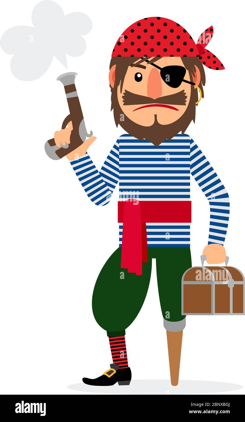 Pirate cartoon character with pistol and treasure chest. Vector illustration Stock Vector
