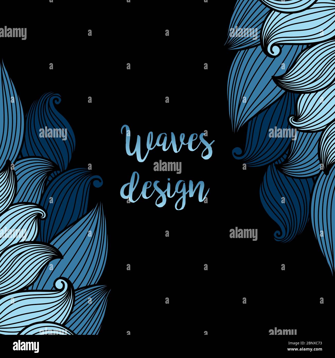 Blue waves on the black background, card design. Vector illustration Stock Vector