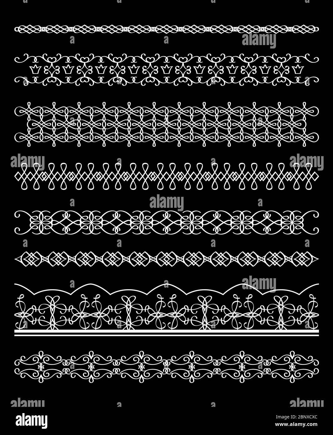 White line borders collection on black background. Vector illustration