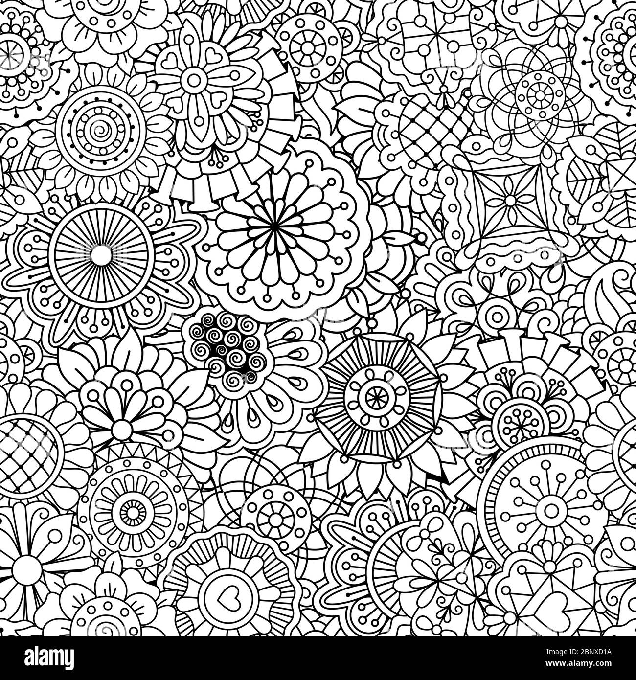 Floral linear pattern with round mandala style flowers. Vector illustration Stock Vector