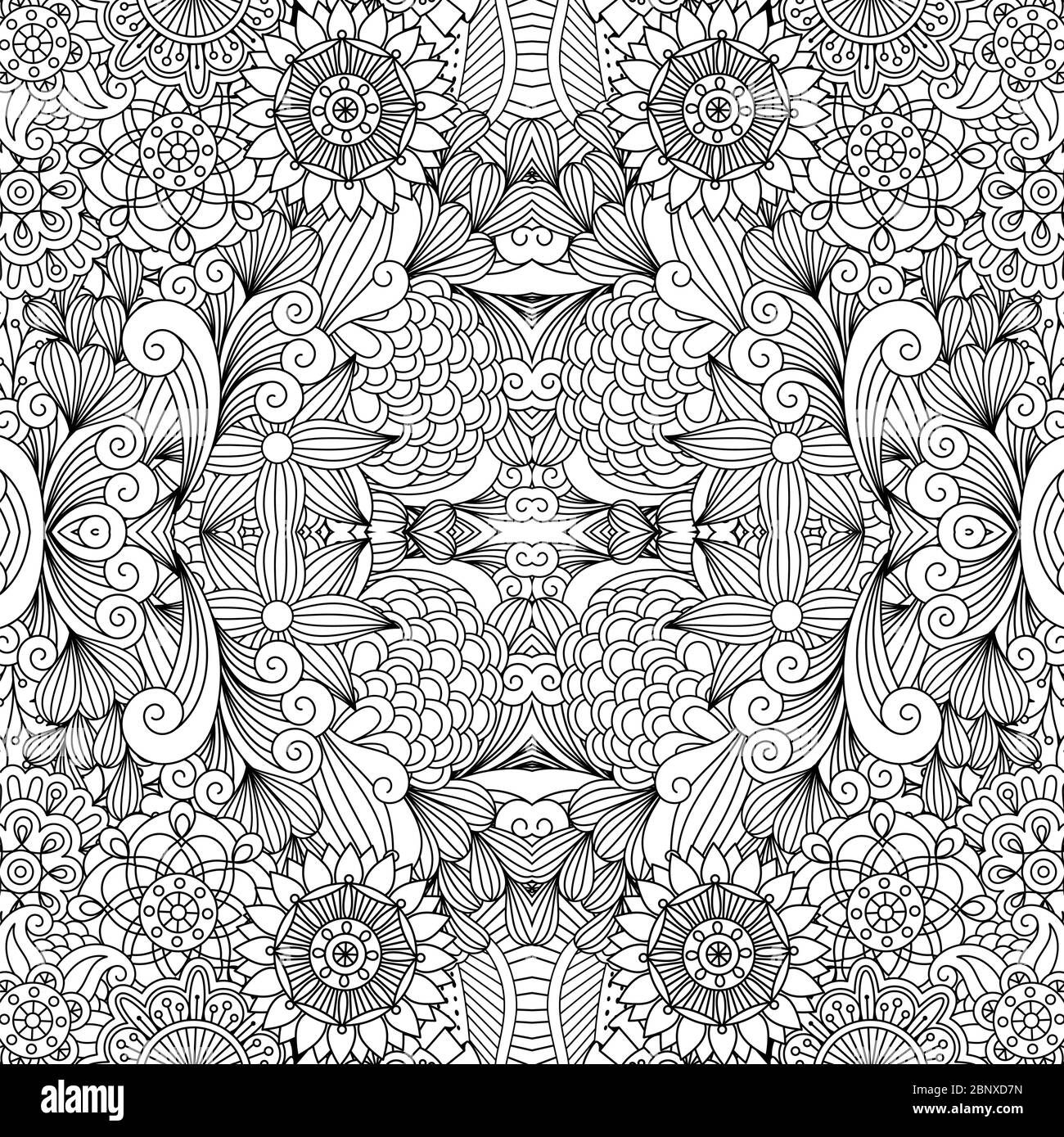 Flowers and swirls line decorative pattern in black and white. Vector illustration Stock Vector