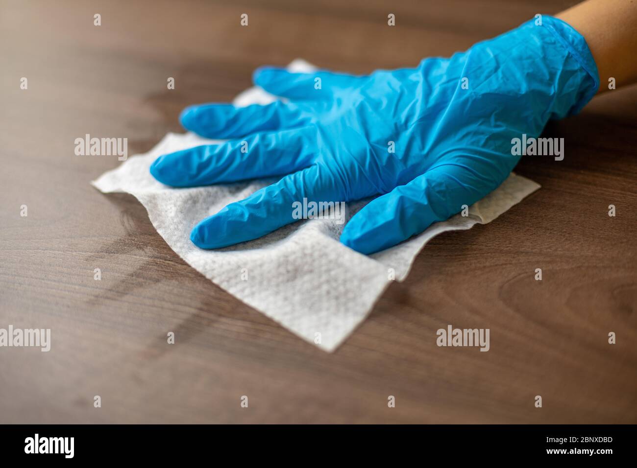 Woman's hand in blue gloves sanitizing cleaning home office wood table