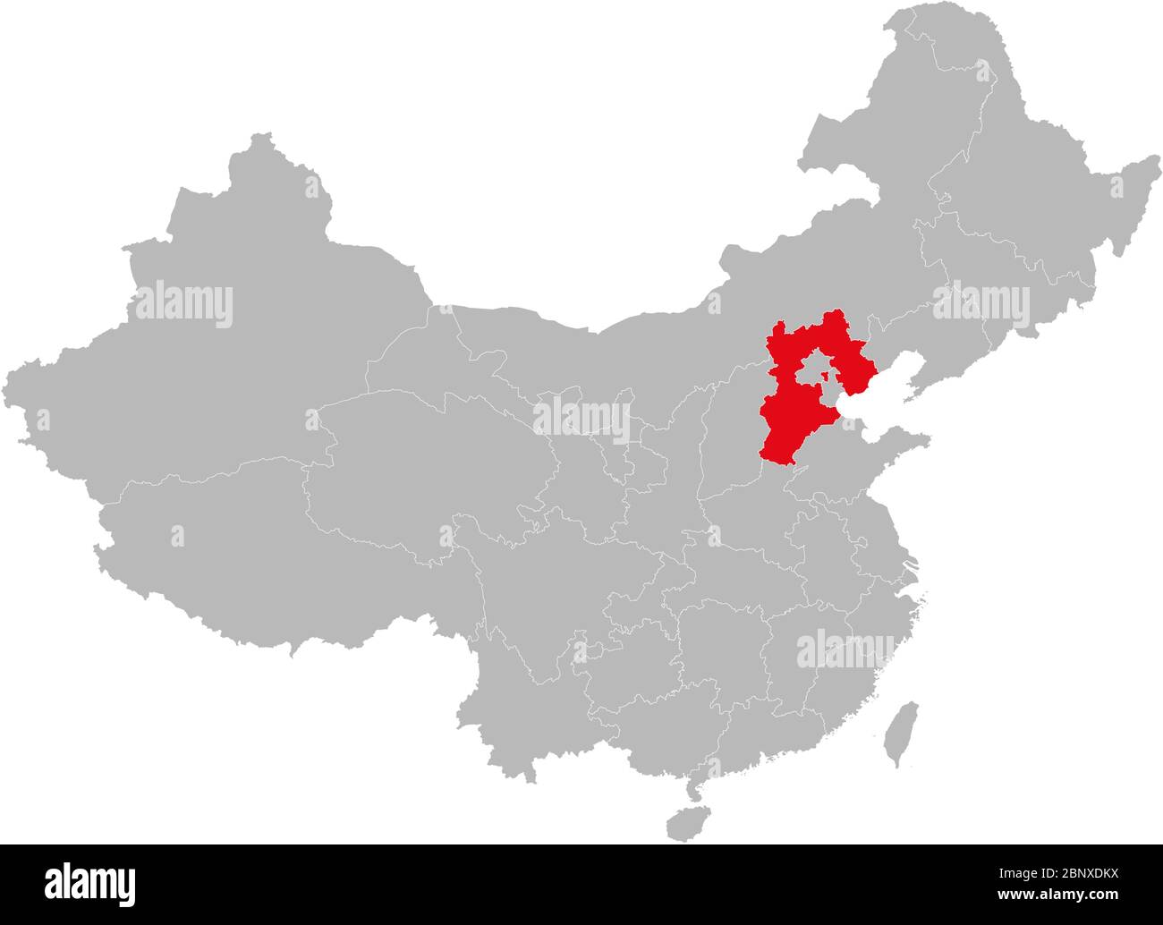 Hebei province highlighted on china map. Gray background. Asian country. Stock Vector