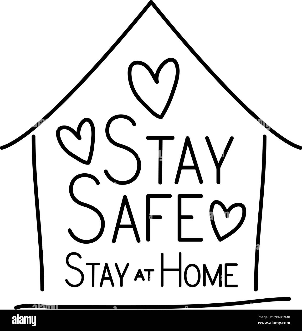 Stay safe and at home text with hearts and house vector design Stock ...