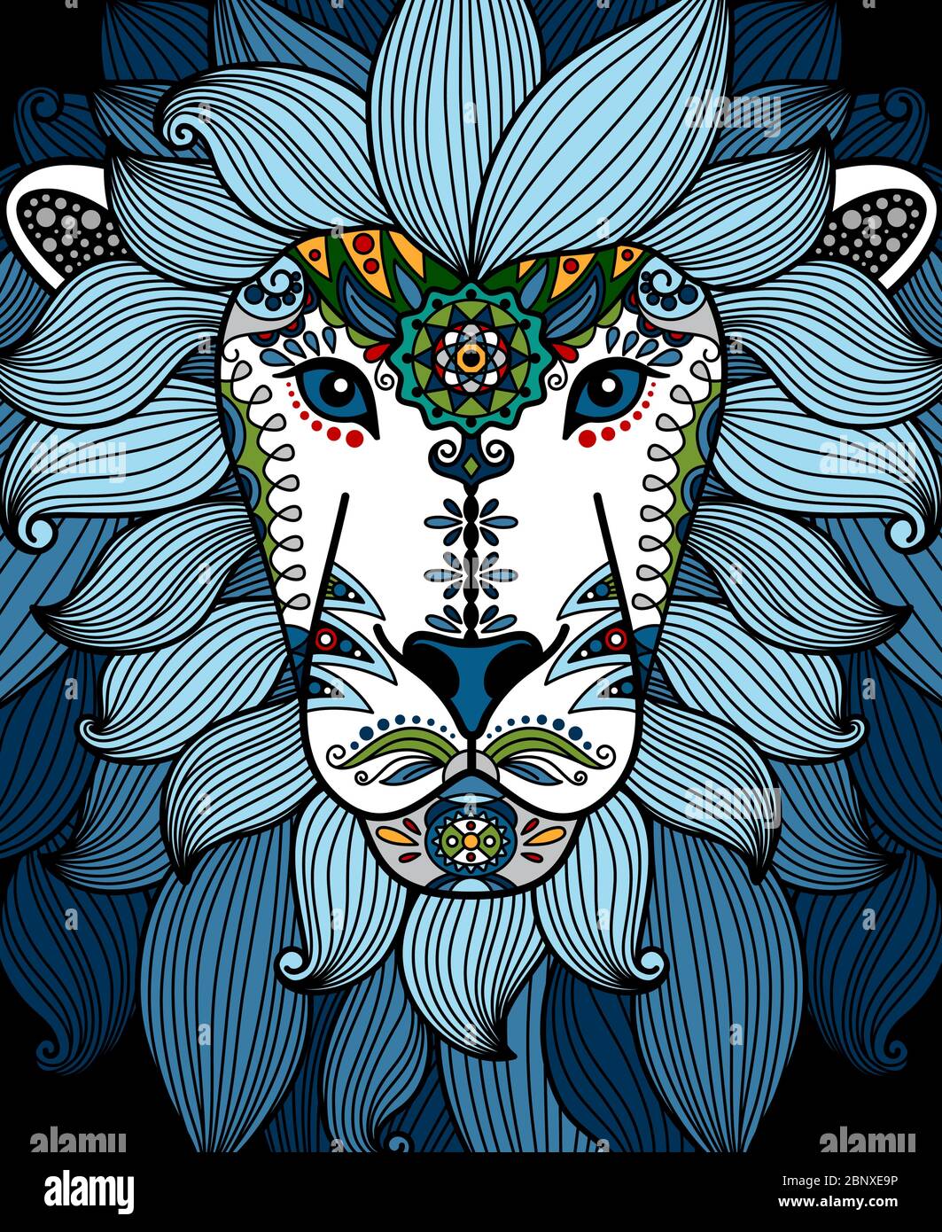 Lion head with blue ethnic floral ornament. Vector illustration Stock ...